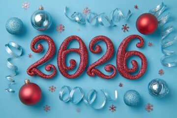 Glittering red numbers 2026 surrounded by festive ornaments, blue ribbons, and sparkling decorations on a light blue background, celebrating the New Year with vibrant colors and joyful ambiance