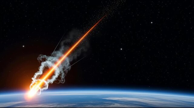 Fiery meteor streaking across starry night sky above blue planet