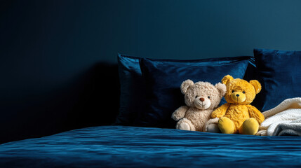 Two Cute Teddy Bears on Cozy Blue Bedspread with Silk Pillows