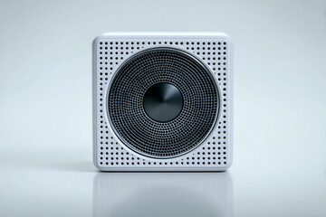 Audio Device: The image shows a close-up of a stylish square audio device, featuring a prominent circular speaker mesh and a sleek, minimalist design. The device is captured from a front angle.