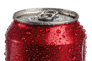 Red can closeup, covered in cold condensation drops