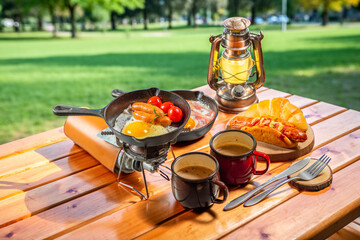 アウトドアでスキレット料理　Outdoor dishes made in an iron pan