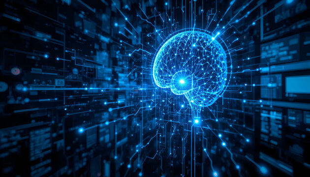 Futuristic technology concept stock image, artificial intelligence visualization, glowing data streams, modern digital interface, dark blue color palette, high detail, professional lighting, clean com - Powered by Adobe