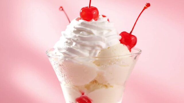 Delicious Vanilla Ice Cream Sundae with Whipped Cream and Cherries