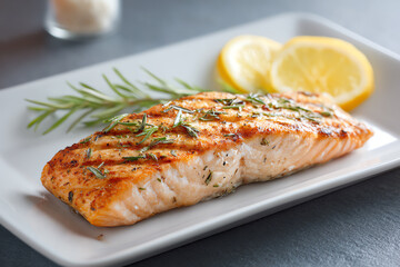 Grilled Salmon Dish: A beautifully grilled salmon fillet, showcasing the perfect sear marks and succulent texture, is presented on a minimalist white plate.