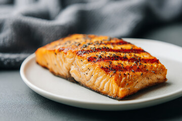 Grilled Salmon Delight: A mouthwatering, perfectly grilled salmon fillet, showcasing beautiful grill marks and tender, flaky texture, served on a pristine plate.