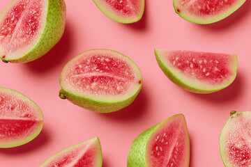 Guava Fiesta: a vibrant assortment of fresh guava fruit, some whole and others sliced, arranged on a vibrant pink canvas, inviting you to experience the sensory delights of this tropical gem.
