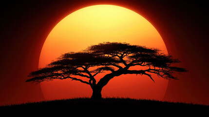 Silhouette of Tree Against Vivid Sunset with Warm Colors in Background