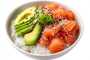 Salmon and Avocado Delight: A vibrant bowl showcasing the exquisite combination of fresh, succulent salmon and creamy avocado slices, atop a bed of fluffy rice.
