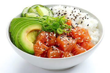 Poke Bowl: This vibrant food scene features the artistry of sushi and salad, a culinary masterpiece. the essence of Asian cuisine, blending freshness and flavor. 