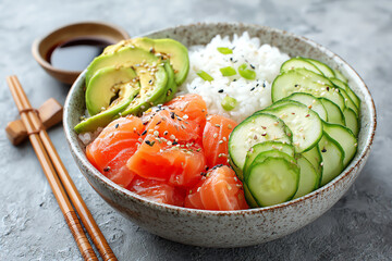 Sushi Delight: A mouthwatering sushi bowl, bursting with fresh salmon, creamy avocado, crisp cucumber, and fluffy rice, served with chopsticks and dipping sauce.