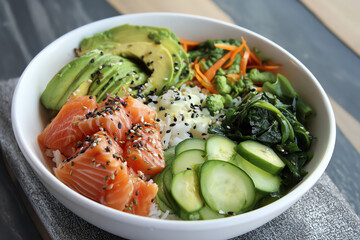 Delectable Sushi Bowl: An enticing sushi bowl is beautifully composed with slices of salmon, creamy avocado, crisp cucumber, and other vibrant vegetables, a true celebration of fresh, delicious.
