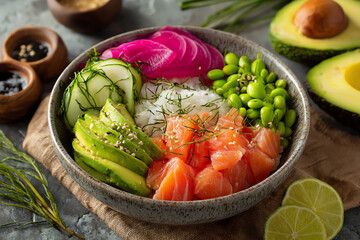 Savory Delight: a beautifully composed and flavorful poke bowl, featuring succulent salmon and a vibrant assortment of fresh ingredients
