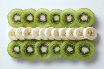 Fresh kiwi and banana slices arrangement: a vibrant composition of fresh kiwi and banana slices, inviting a burst of tropical flavors and natural sweetness.