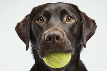 Loyal Companion: A close-up shot of a chocolate labrador retriever proudly holding a tennis ball, its gentle gaze reflecting pure devotion. The dog's luxurious coat gleams.