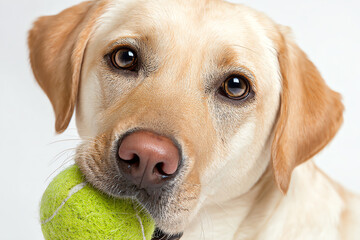 Loyal Labrador Retriever and Tennis Ball: A close-up portrait showcases a charming Labrador Retriever playfully holding a tennis ball.