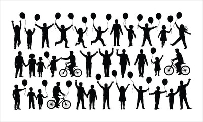 Diverse group of happy people silhouettes celebrating with balloons and enjoying outdoor activities