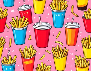 Seamless pattern of crispy french fries and soda cups in vibrant colors on a pink background
