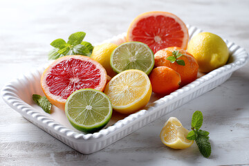 Citrus Symphony: An assortment of vibrantly colored citrus fruits, artfully arranged on an elegant serving platter, create a harmonious blend of refreshing flavors and zesty aesthetics.