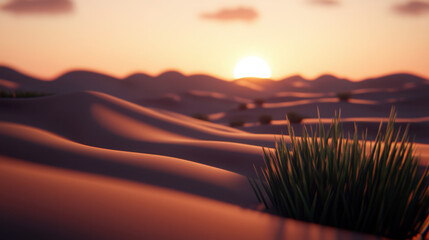 Serene Sunset Over Gentle Sand Dunes with Sparse Green Grass