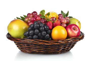 Abundance in a Wicker Basket: A vibrant arrangement of fresh fruits overflows from a rustic wicker basket, showcasing nature's colorful bounty.