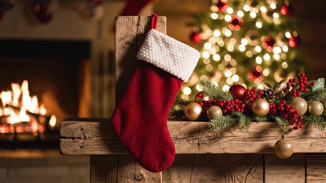 Christmas decoration red stocking fireplace glowing tree