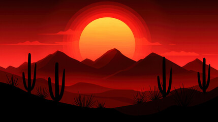 Sunset Reflection Over Desert Landscape with Silhouetted Cacti