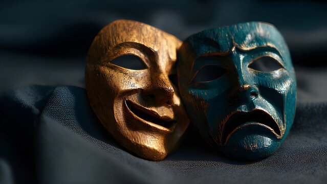 Greek drama comedy and tragedy masks. The little hut comedy masks on dark background. Theatricals props drama masks. Color tragicomic happy sad acting masks. 