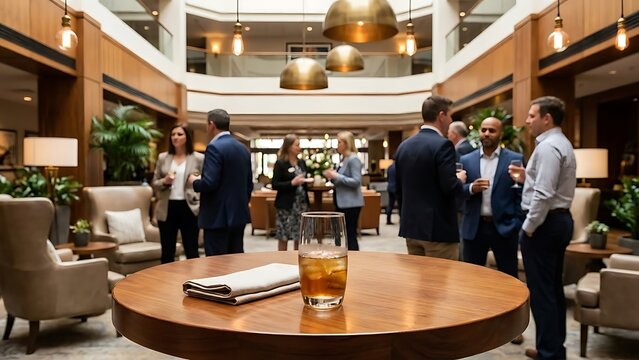 Business People Networking In Luxury Hotel Lobby Lounge With Drink Foreground