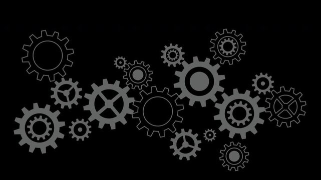 Rotating gray mechanical gears and cogs animation on black background symbolizing teamwork