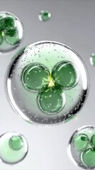 Green serum droplet splashing, generating dynamic bubble chain reaction, symbolizing skincare hydration and refreshing effect