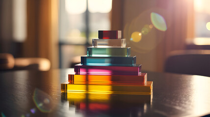Colorful geometric blocks stacked in ascending order, bathed in warm sunlight creating a vibrant display of learning and creativity.