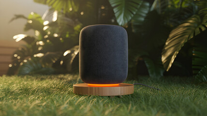 Modern smart speaker glowing with warm light amidst lush green foliage outdoors