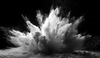 Explosion of fine white powdery dust dispersing rapidly against a dark background, creating a cloud with dynamic textures and movement
