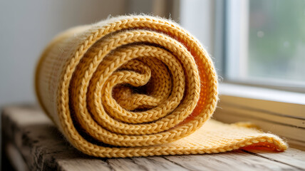 Cozy, rolled yellow knitted blanket resting on a wooden surface near a window