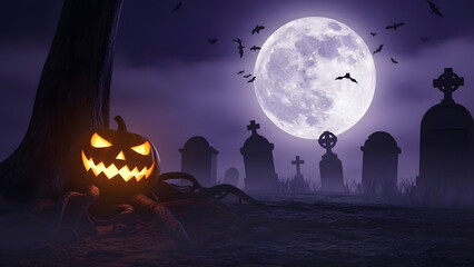 A spooky Halloween scene with a jack-o-lantern in a haunted graveyard at night