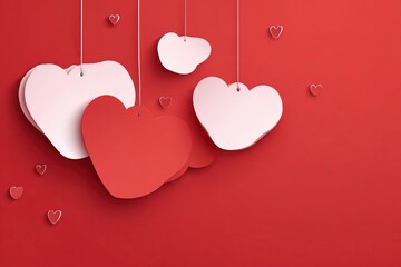 Colorful paper hearts in various sizes hanging against a vibrant red background, creating a festive atmosphere perfect for romantic occasions and celebrations of love