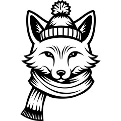 Portrait of arctic fox dressed in warm scarf and hat, winter clothes. Engraving minimalistic vector in black ink drawing on transparent background