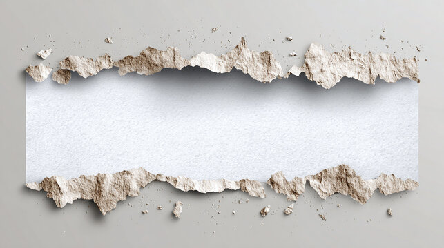 Cracked plaster revealing a white interior, creating a sense of exposure and fragility. The image features a rectangular area surrounded by a broken texture