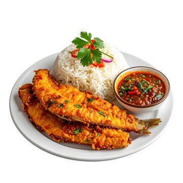 Kenkey with fried fish and pepper, a classic ghanaian meal of fermented corn dough, crispy fish, and spicy sauce, isolated on a white background