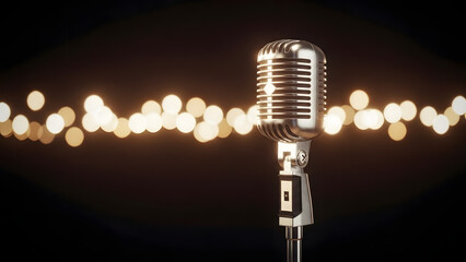 A vintage microphone stands alone on a dark stage with bright lights
