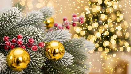 A close-up of a Christmas tree with gold ornaments and red berries