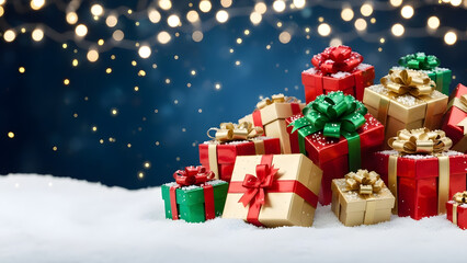 A pile of colorful Christmas presents wrapped in red, green, and gold paper with bows on a snowy background with lights.