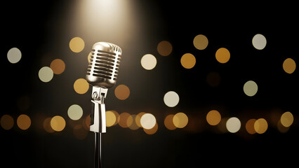 A vintage microphone stands alone on a dark stage with spotlights shining down
