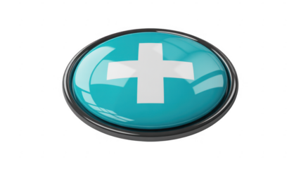 Teal medical cross button with reflection white symbol isolated on a transparent background
