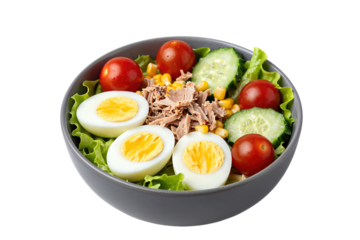 Tuna salad with eggs, tomatoes, and cucumber