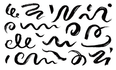 Paint brush strokes swirl, line curve, calligraphy spiral elements. Hand drawn chinese ink brush paint stroke swish, swoosh swirl doodle wavy. Grunge texture abstract line set. Vector illustration