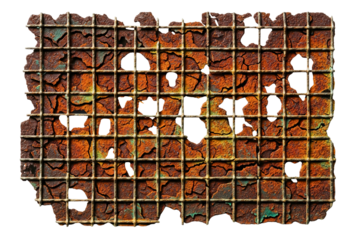 Rusted metal wire mesh grid with heavy corrosion and holes on a transparent background