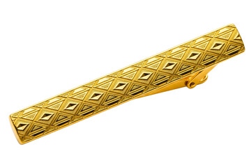 Gold metal tie clip with engraved geometric diamond pattern on a transparent background