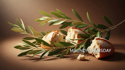 Maundy Thursday symbols with bread and olive leaves